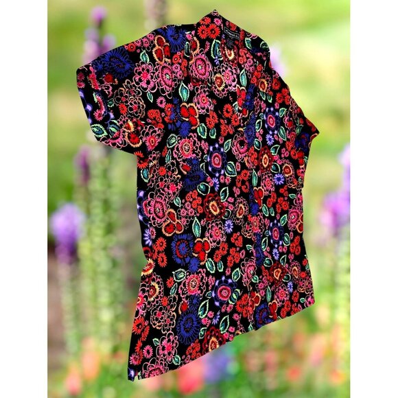 VTG Elementz Blouse Woman 1X Black Floral Shirt Button Short Sleeves Psy… - Picture 2 of 12